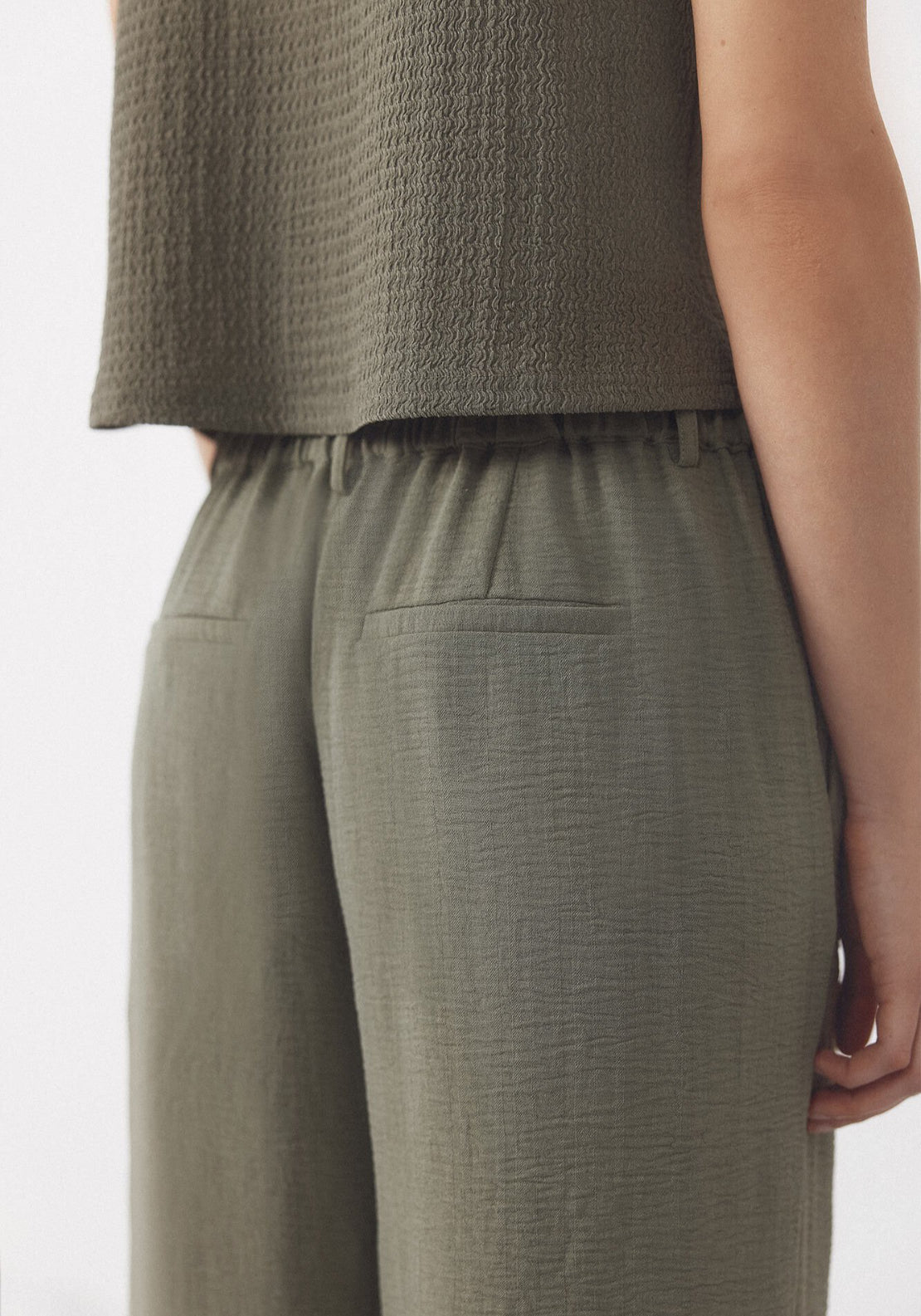 Cortefiel Textured Wide Ankle Pants - Green 3 Shaws Department Stores