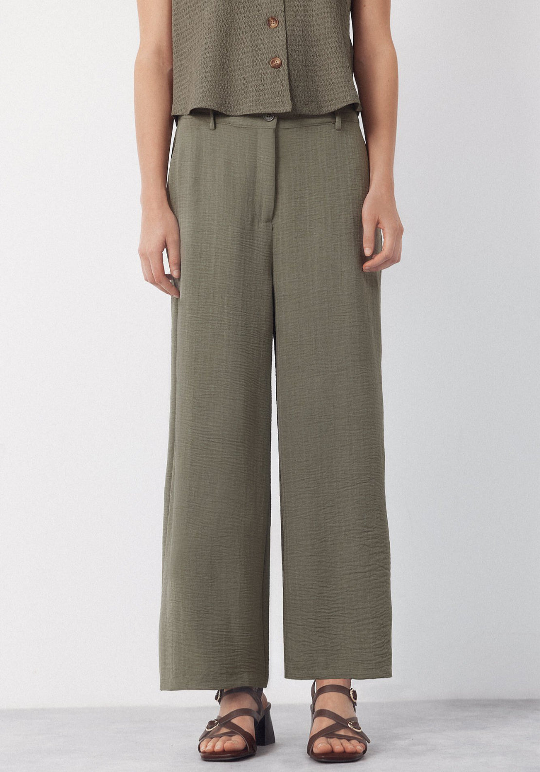 Cortefiel Textured Wide Ankle Pants - Green 1 Shaws Department Stores