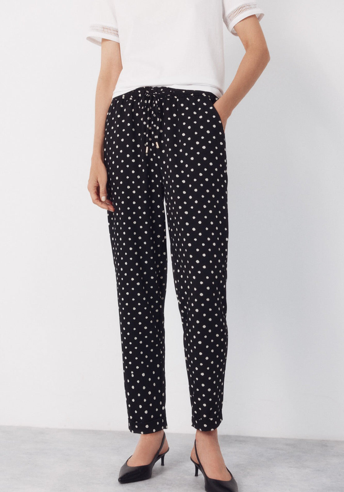 Cortefiel Flowy Textured Ruffle Trousers - White 1 Shaws Department Stores