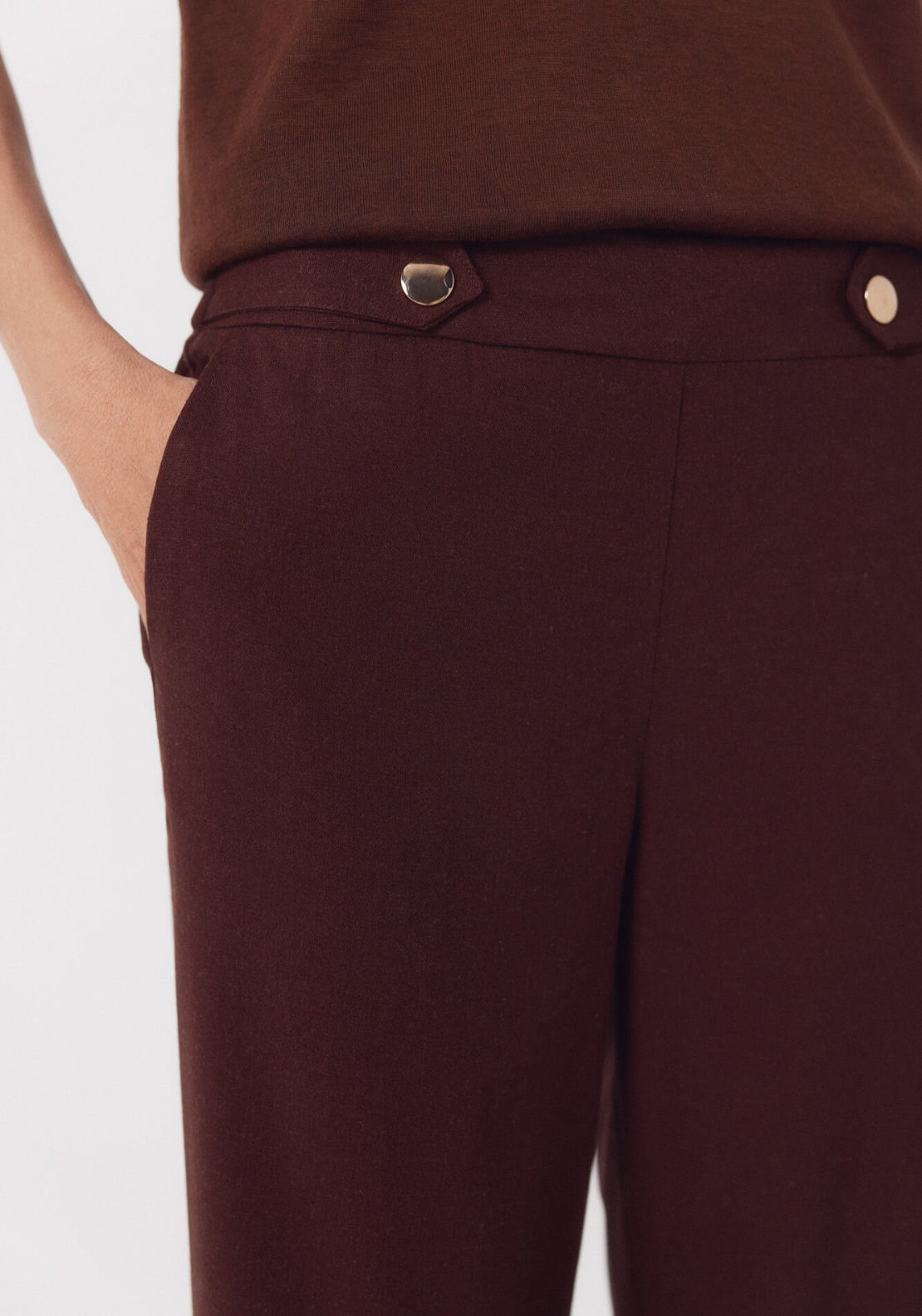 Cortefiel Linen Trousers With Gold Buttons - Brown 4 Shaws Department Stores