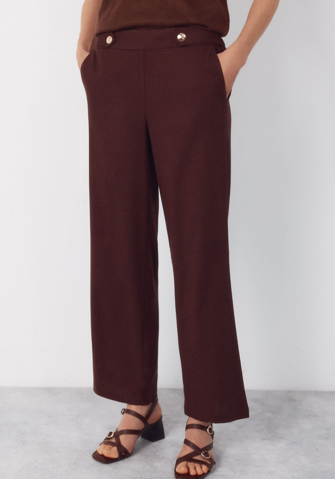 Cortefiel Linen Trousers With Gold Buttons - Brown 1 Shaws Department Stores