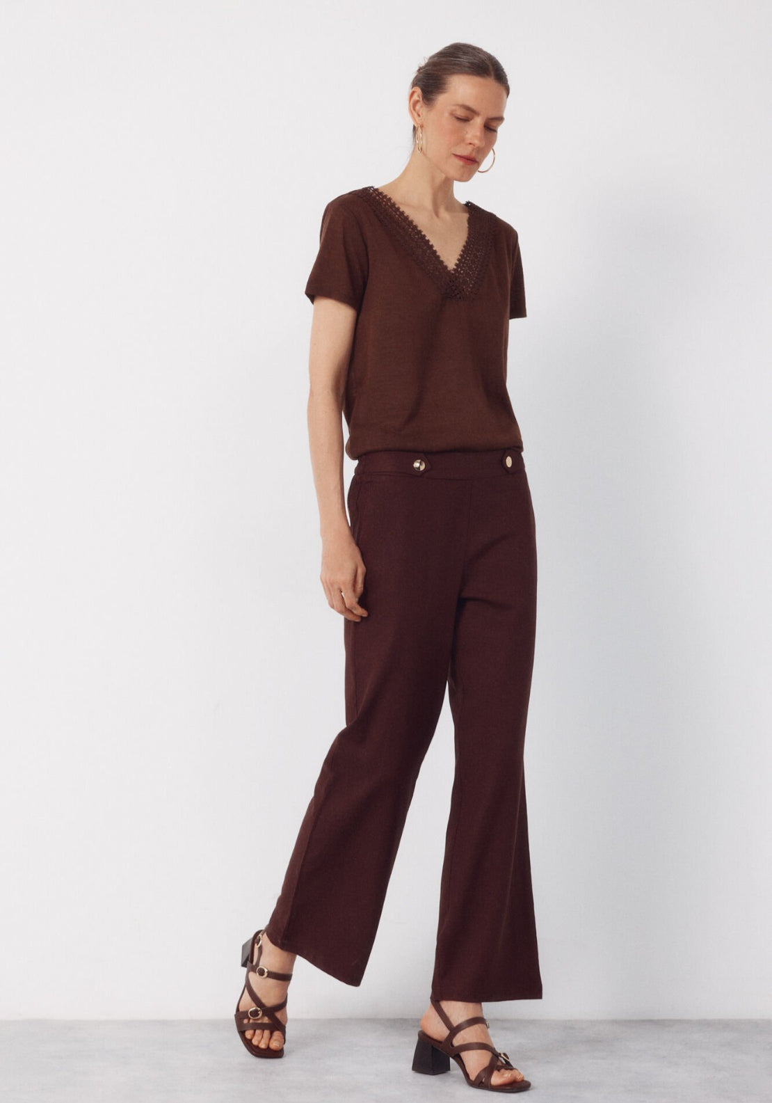 Cortefiel Linen Trousers With Gold Buttons - Brown 5 Shaws Department Stores