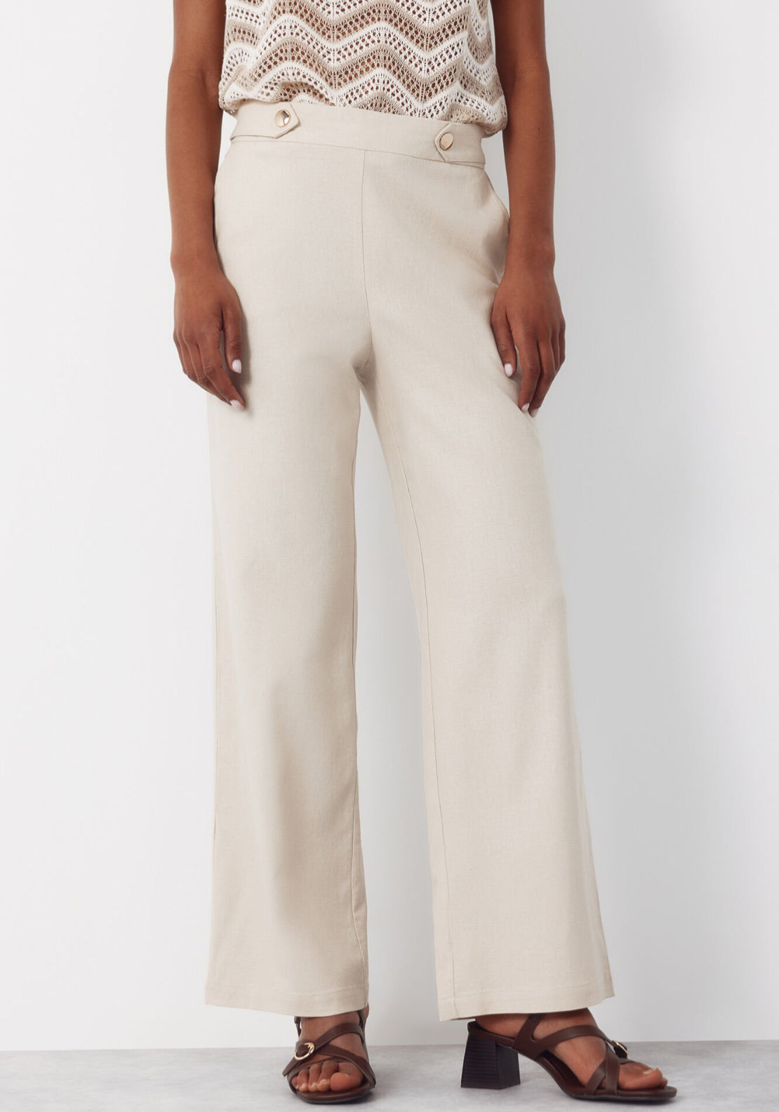 Cortefiel Linen Trousers With Gold Buttons - Beige 1 Shaws Department Stores