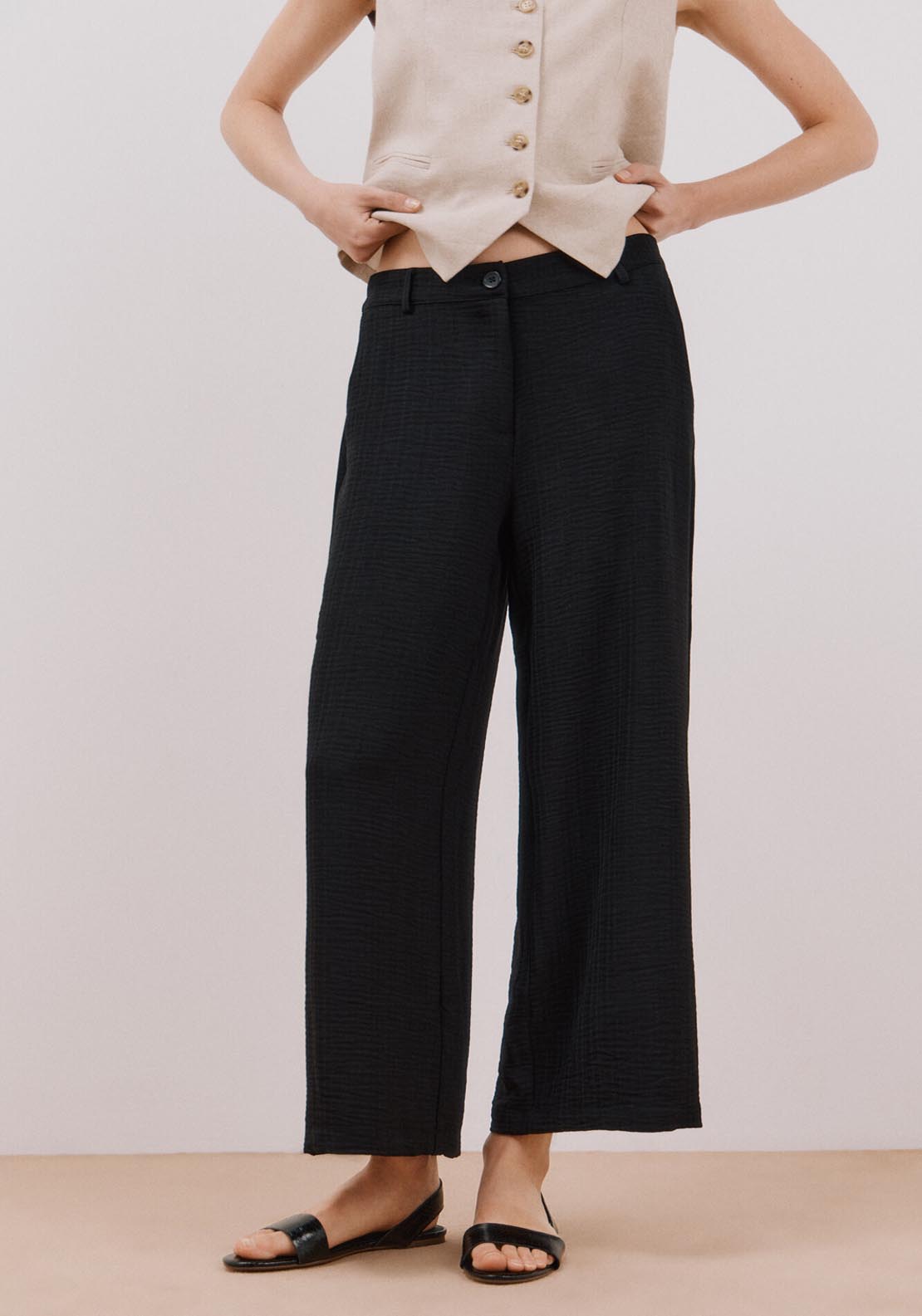 Cortefiel Wide Leg Ankle Length Trousers - Black 1 Shaws Department Stores