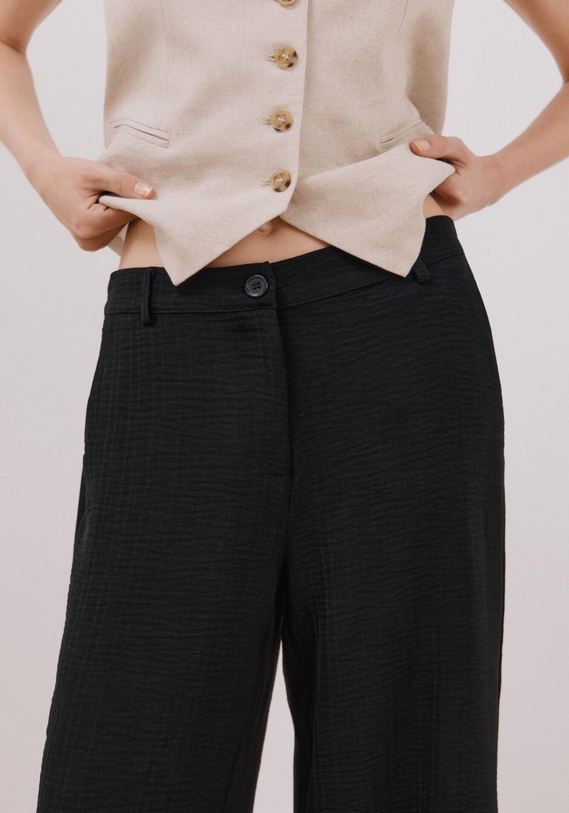 Cortefiel Wide Leg Ankle Length Trousers - Black 2 Shaws Department Stores