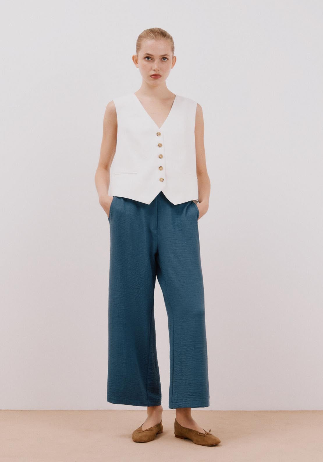 Cortefiel Wide Leg Ankle Length Trousers - Dark Blue 6 Shaws Department Stores