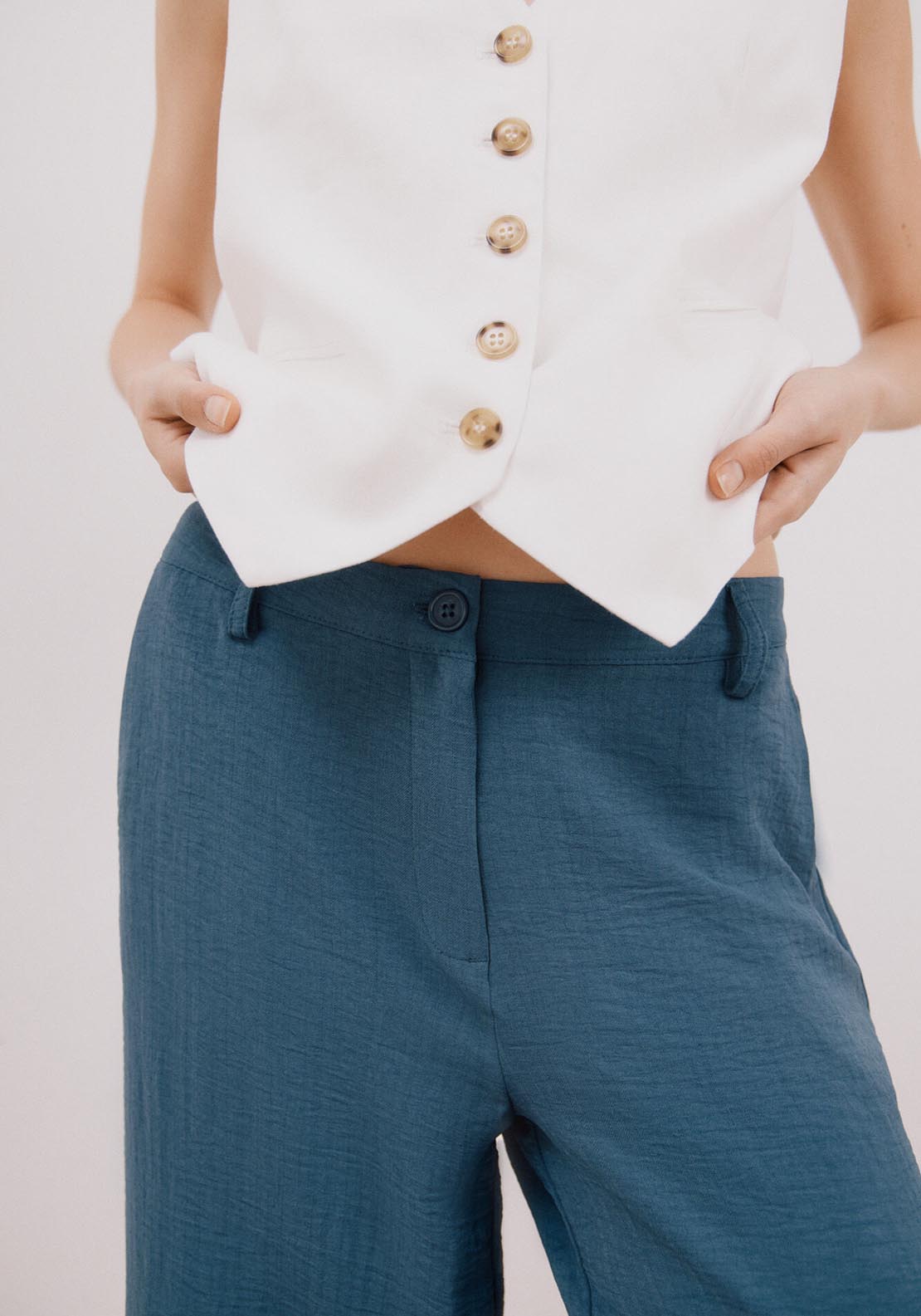 Cortefiel Wide Leg Ankle Length Trousers - Dark Blue 4 Shaws Department Stores
