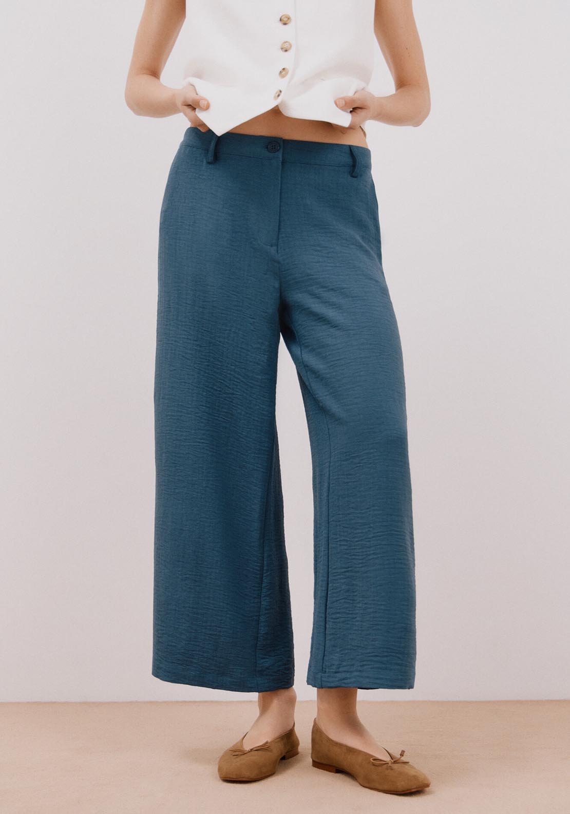 Cortefiel Wide Leg Ankle Length Trousers - Dark Blue 1 Shaws Department Stores