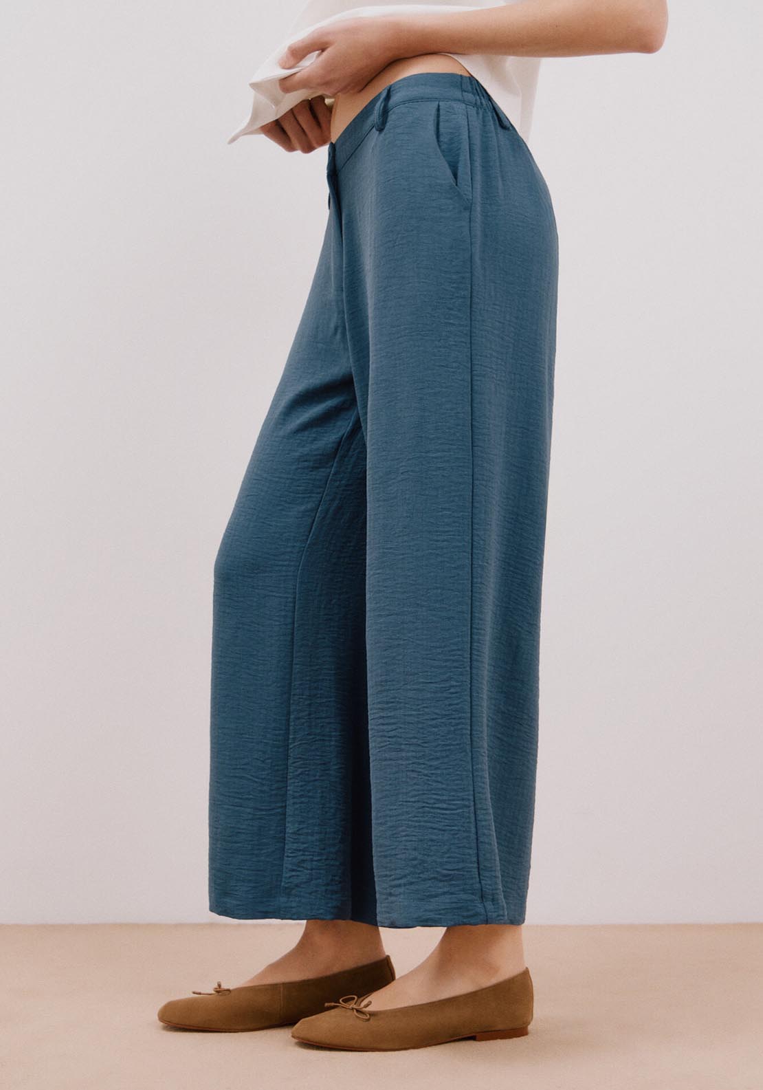Cortefiel Wide Leg Ankle Length Trousers - Dark Blue 3 Shaws Department Stores