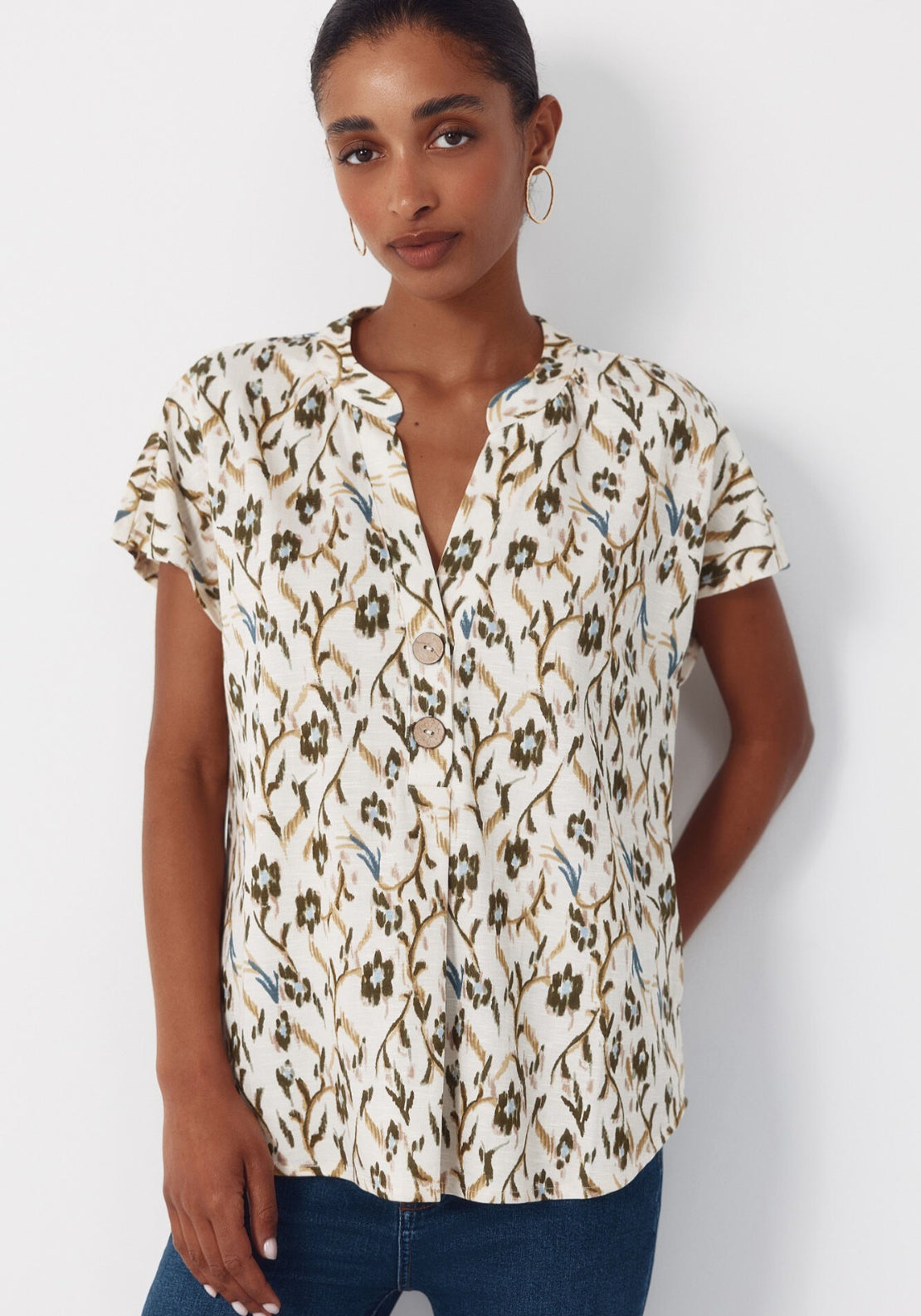 Rustic Short Sleeve V-Neck Blouse - Green Print