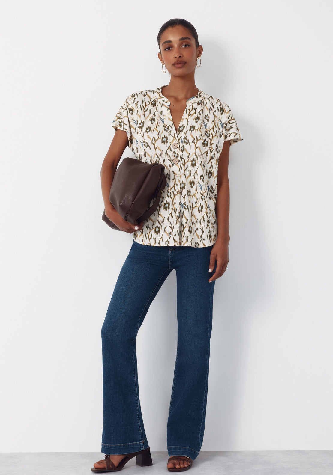 Rustic Short Sleeve V-Neck Blouse - Green Print