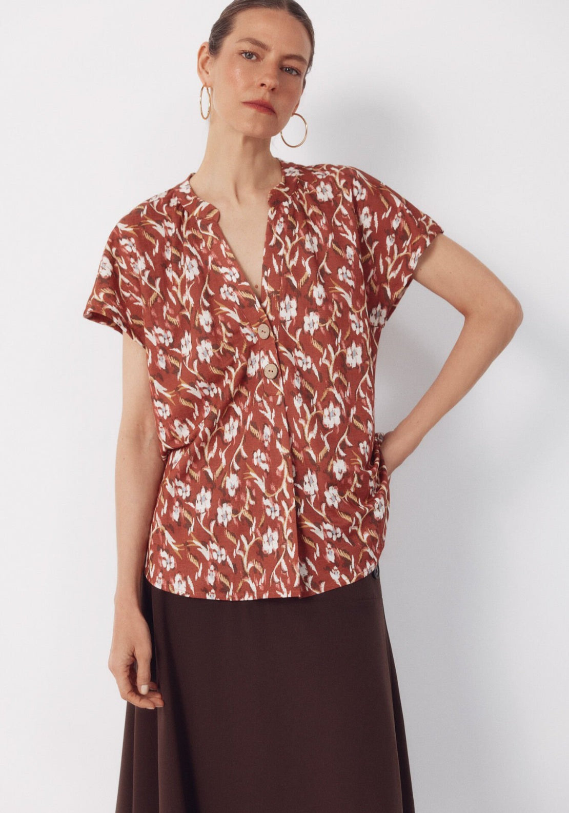 Cortefiel Rustic Short Sleeve V-Neck Blouse - Red 1 Shaws Department Stores