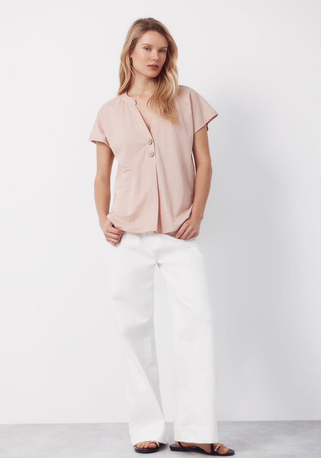 Cortefiel Rustic Short Sleeve V-Neck Blouse - Pink 4 Shaws Department Stores
