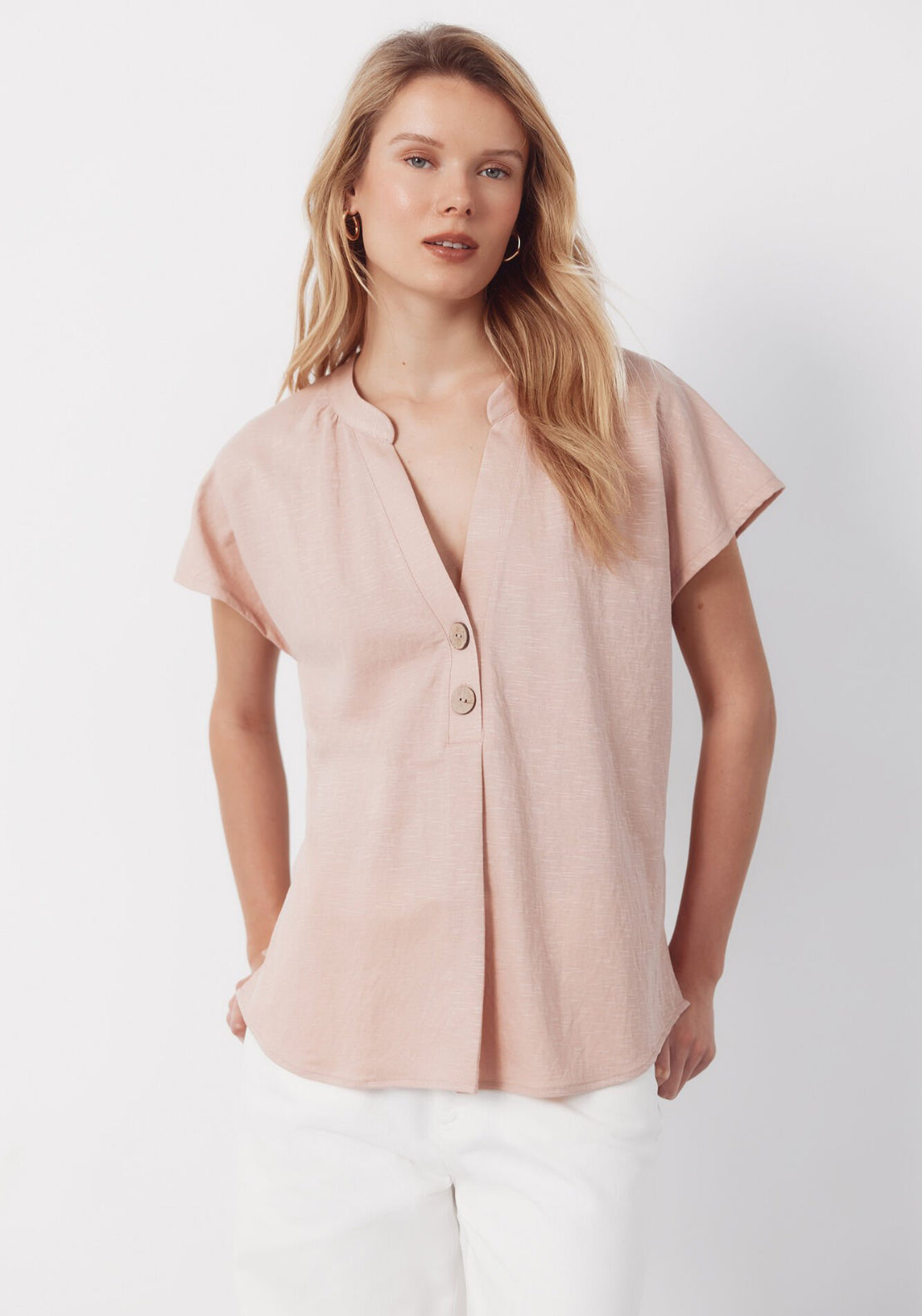 Cortefiel Rustic Short Sleeve V-Neck Blouse - Pink 1 Shaws Department Stores