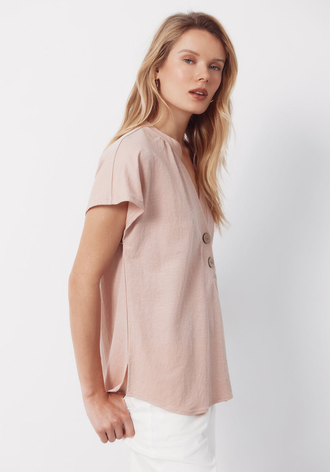 Cortefiel Rustic Short Sleeve V-Neck Blouse - Pink 3 Shaws Department Stores
