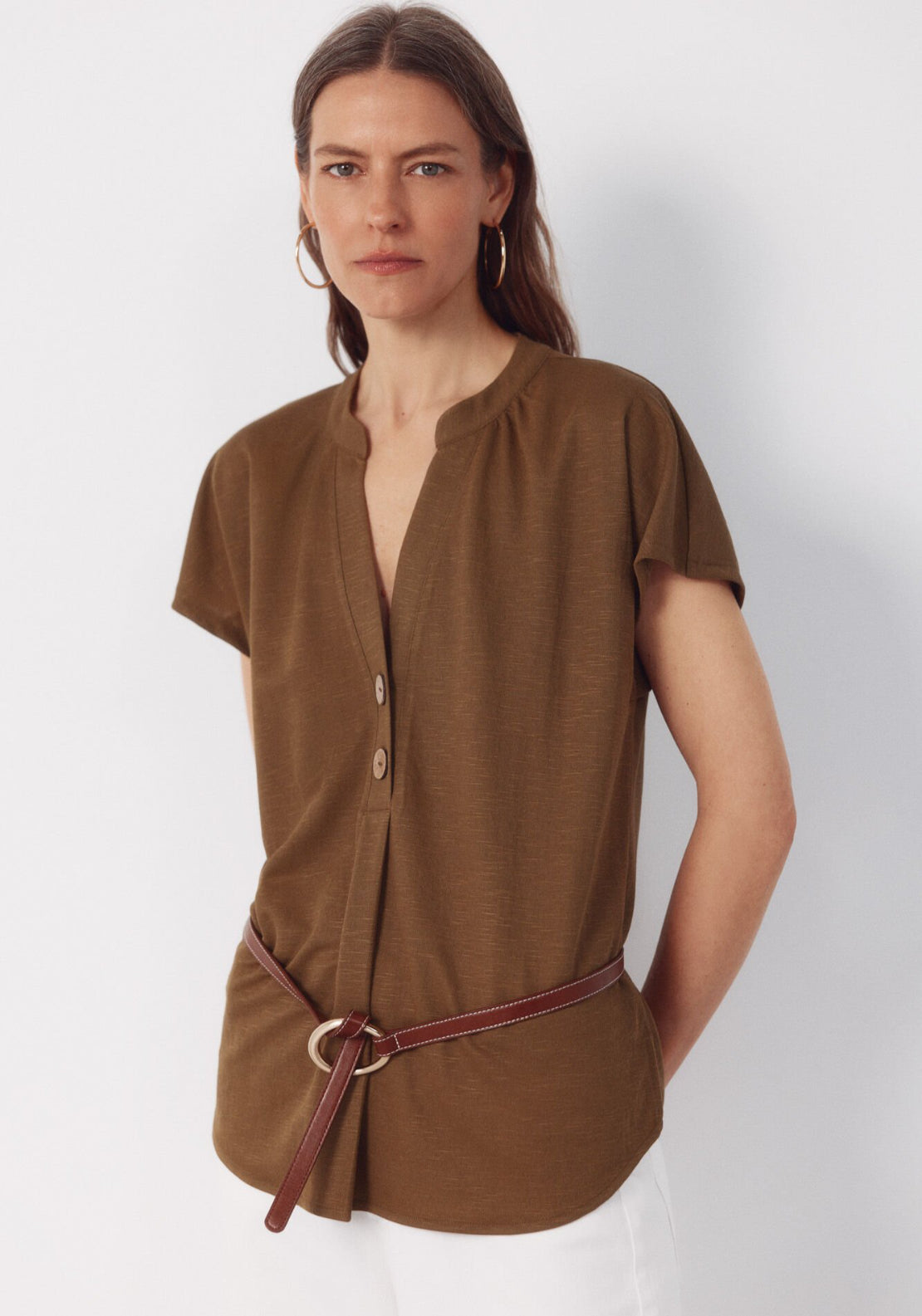 Cortefiel Rustic Short Sleeve V-Neck Blouse - Green 1 Shaws Department Stores