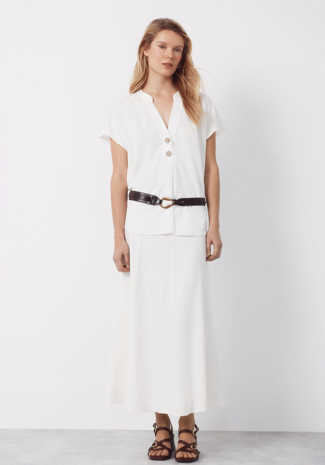 Cortefiel Rustic Short Sleeve V-Neck Blouse - White 6 Shaws Department Stores