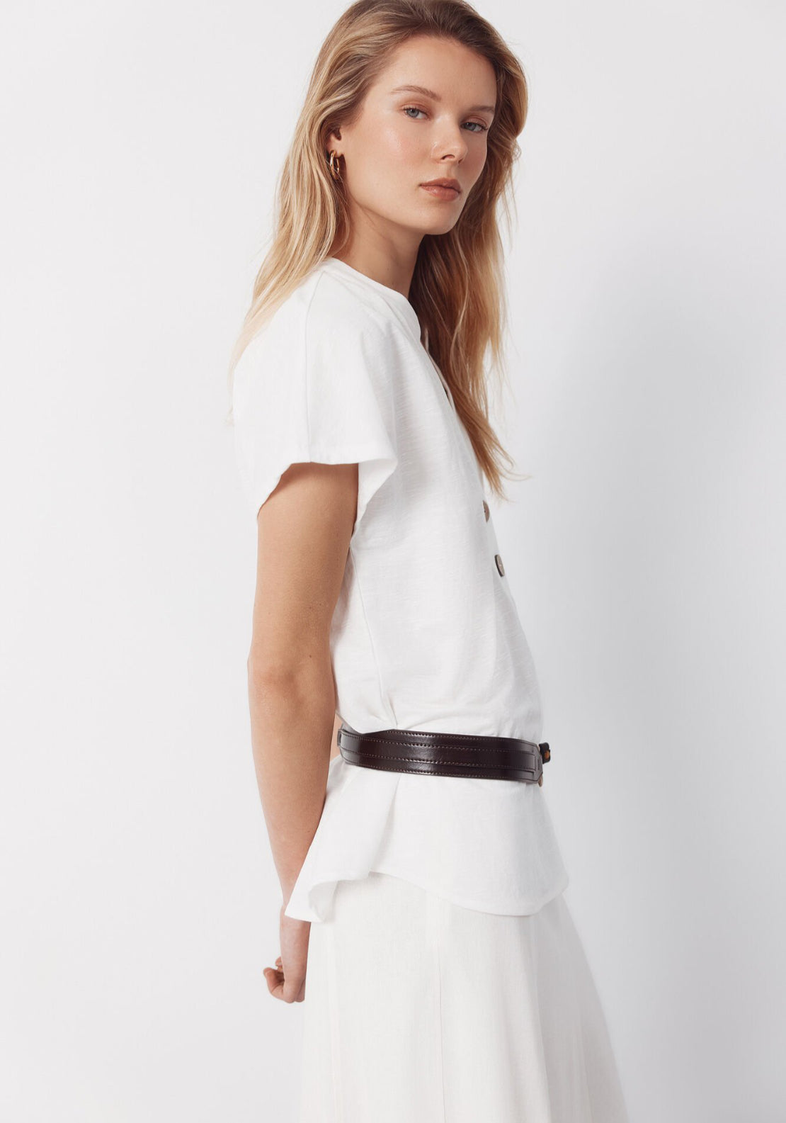 Cortefiel Rustic Short Sleeve V-Neck Blouse - White 3 Shaws Department Stores