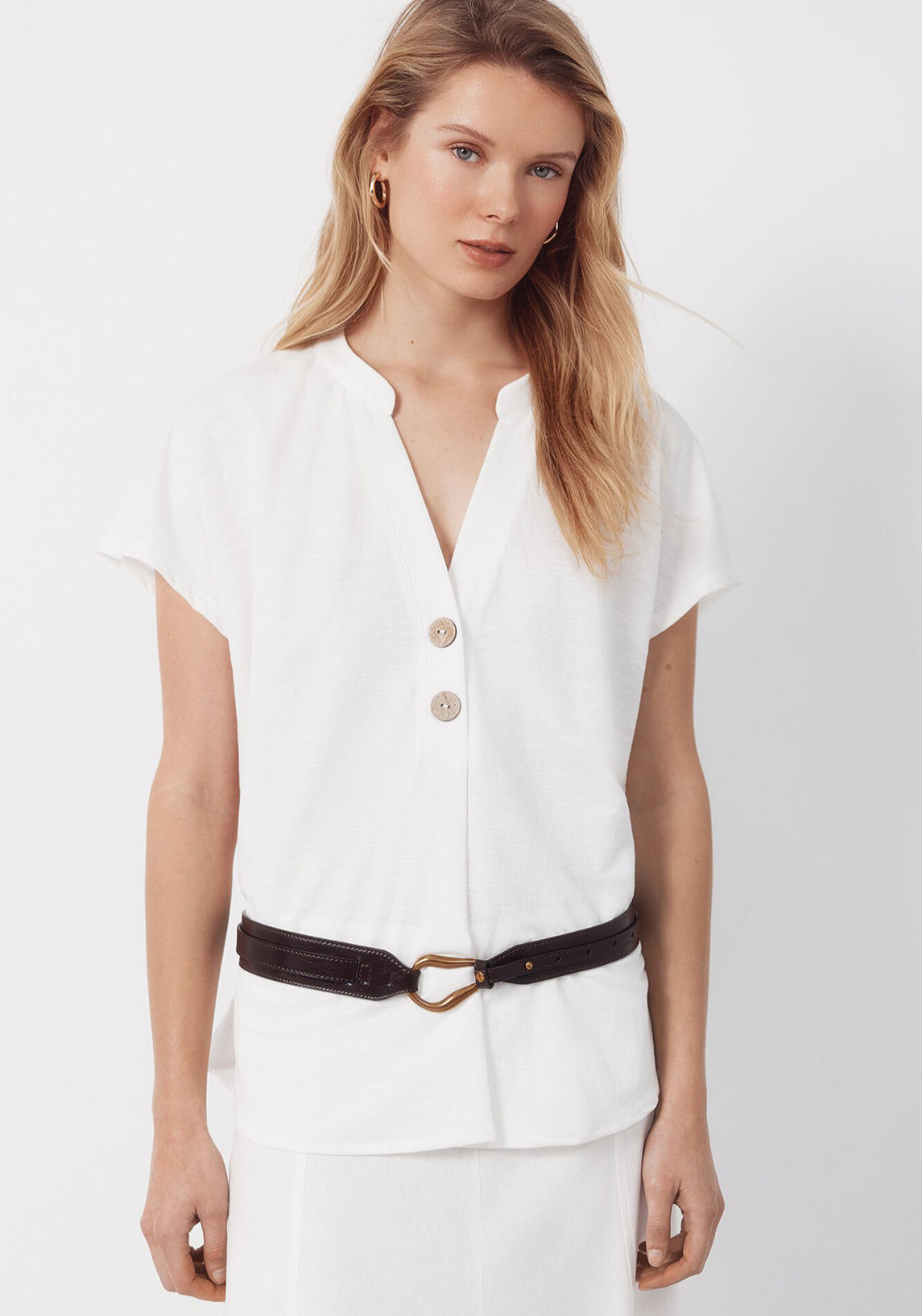 Cortefiel Rustic Short Sleeve V-Neck Blouse - White 1 Shaws Department Stores