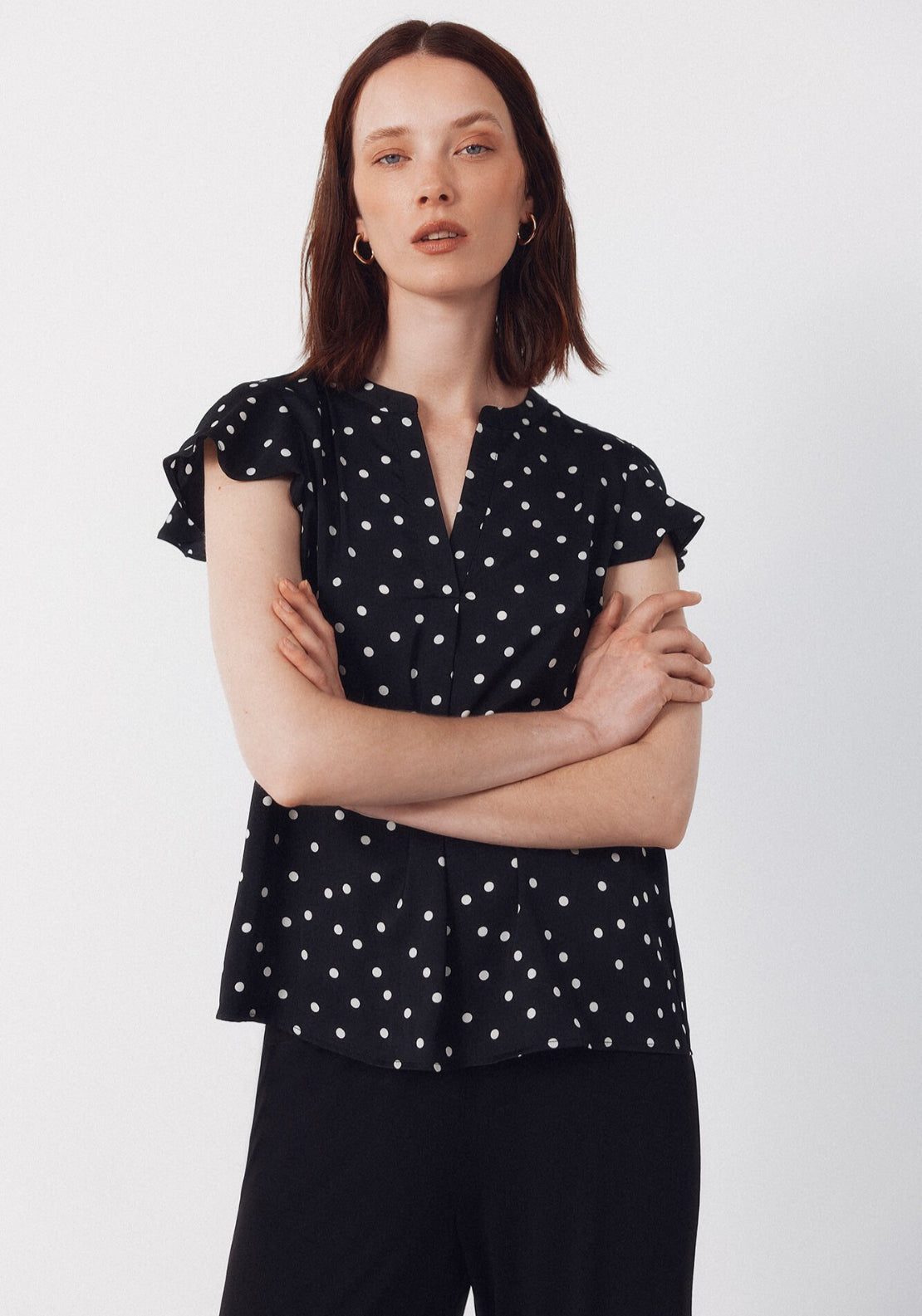 Cortefiel Fluid Flutter Sleeve Blouse - Black 1 Shaws Department Stores