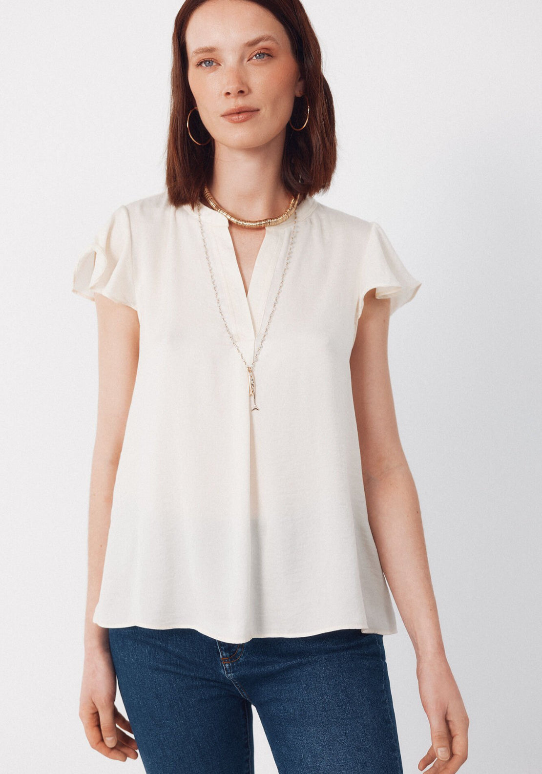 Cortefiel Fluid Flutter Sleeve Blouse - Black 1 Shaws Department Stores