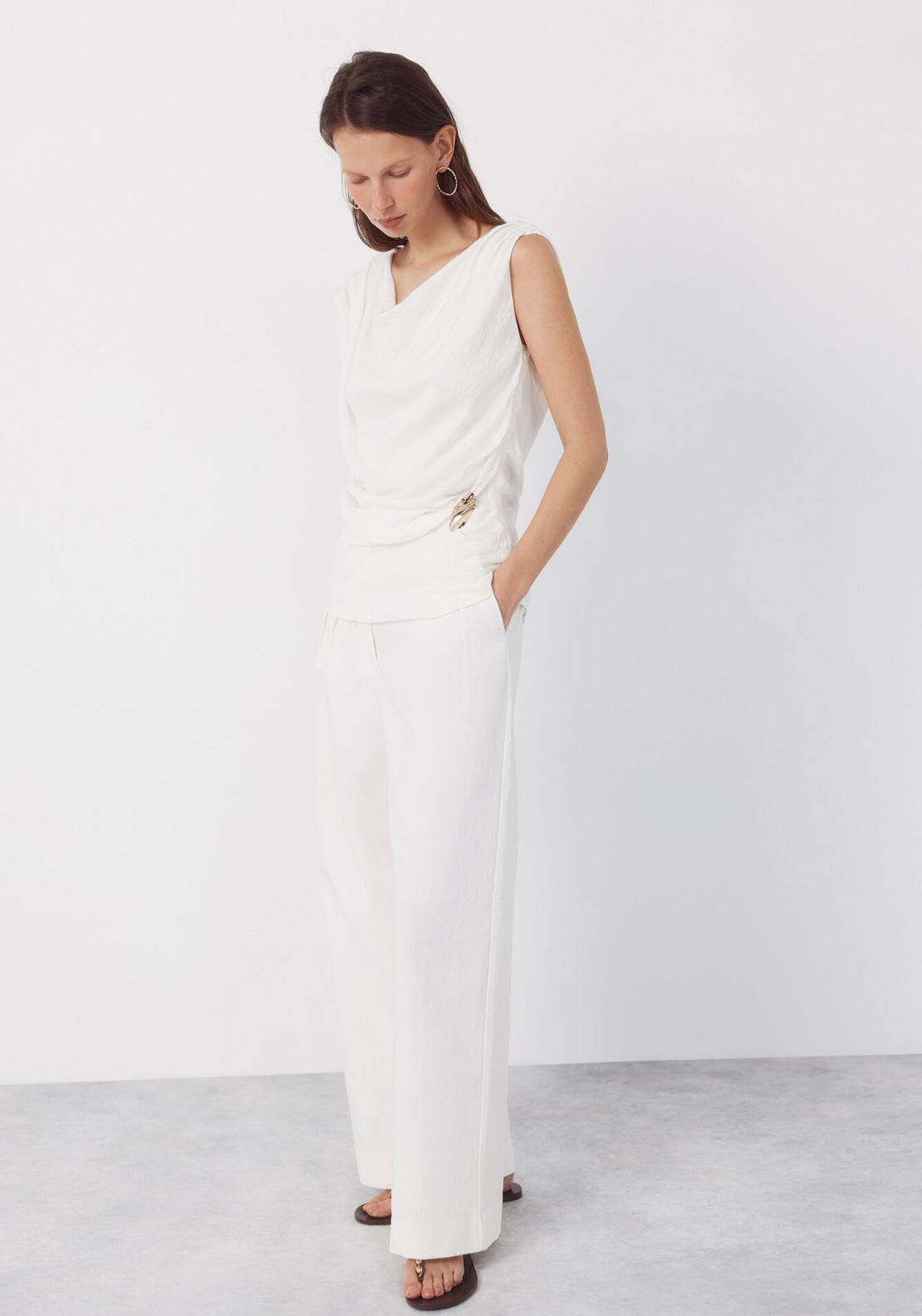 Cortefiel Asymmetrical Draped Top - Cream 5 Shaws Department Stores