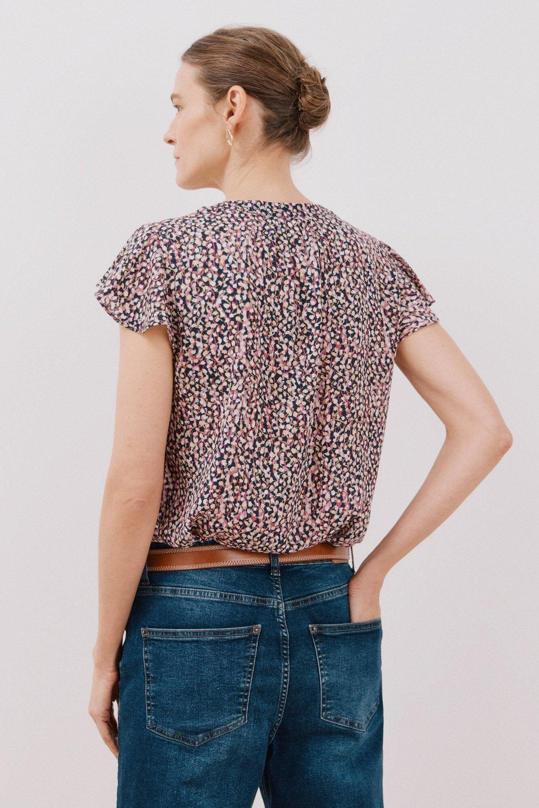 Cortefiel Ruffle sleeve blouse - Gray Print 3 Shaws Department Stores