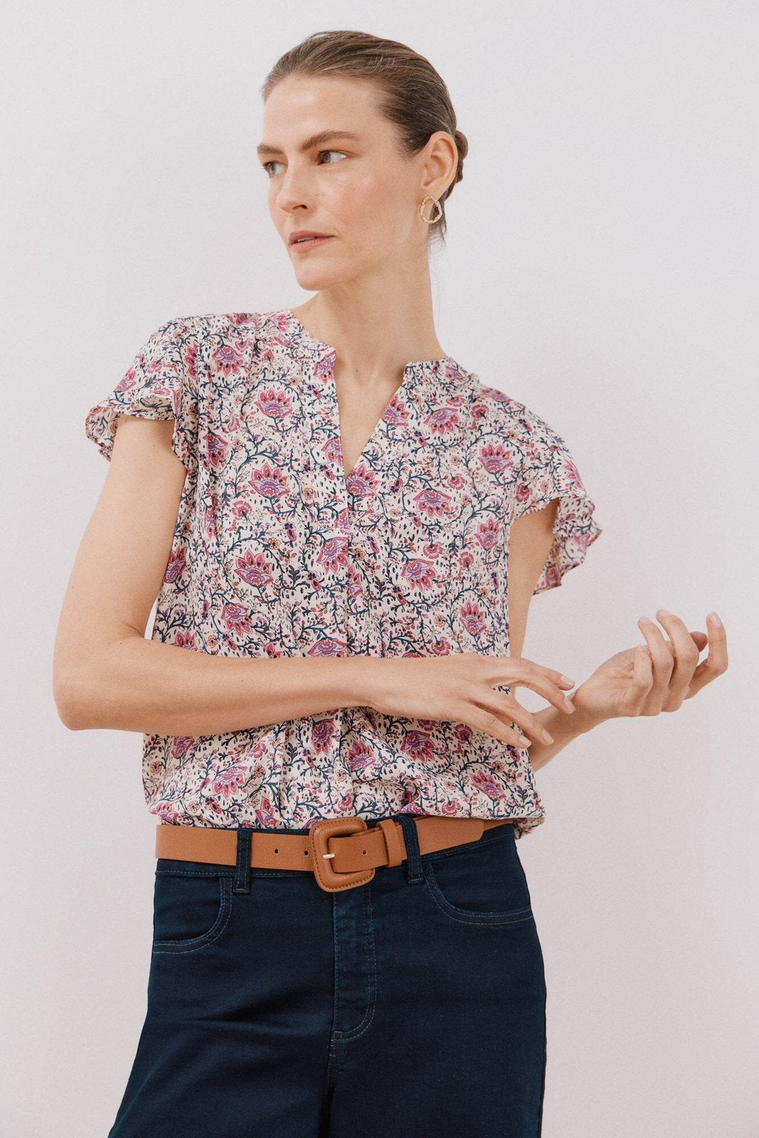 Cortefiel Ruffle sleeve blouse - Maroon Print 1 Shaws Department Stores