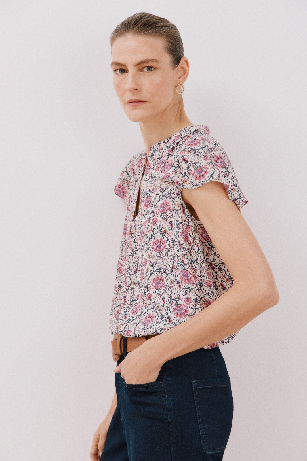 Cortefiel Ruffle sleeve blouse - Maroon Print 2 Shaws Department Stores