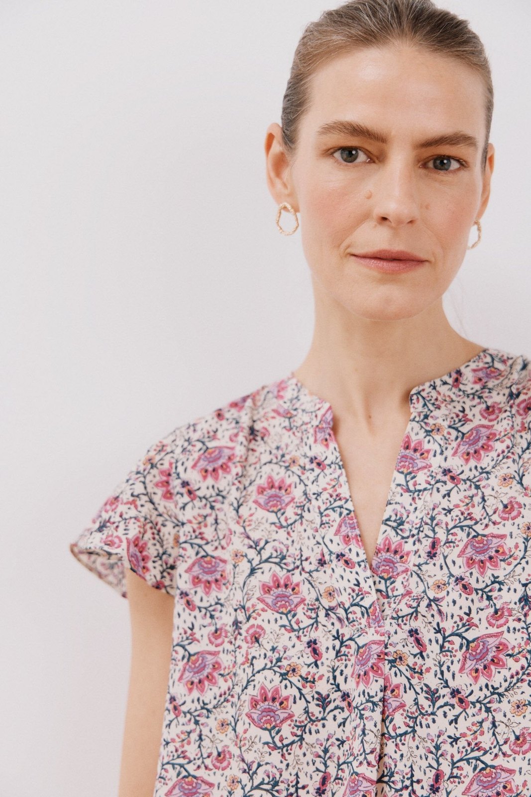 Cortefiel Ruffle sleeve blouse - Maroon Print 3 Shaws Department Stores