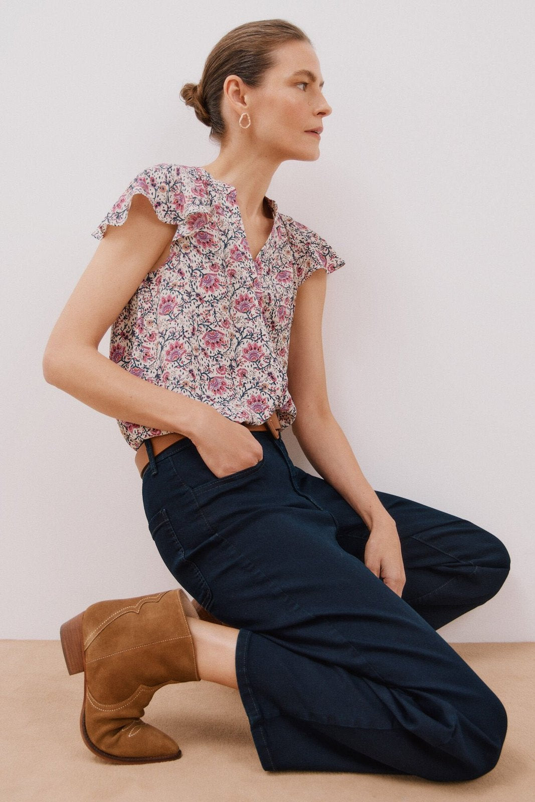 Cortefiel Ruffle sleeve blouse - Maroon Print 4 Shaws Department Stores