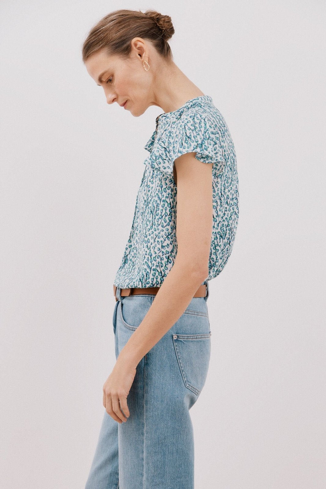 Cortefiel Ruffle sleeve blouse - White Print 2 Shaws Department Stores