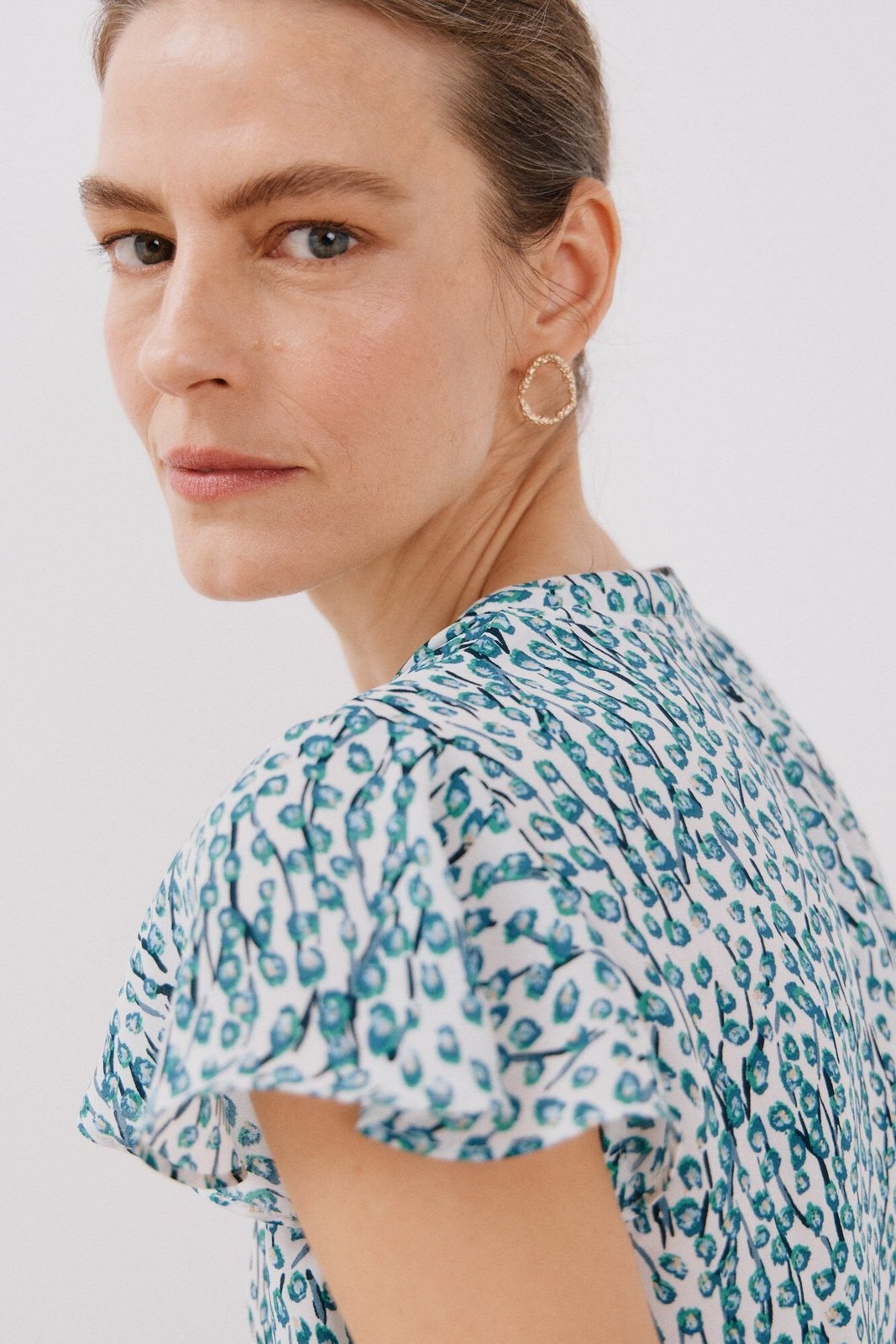 Cortefiel Ruffle sleeve blouse - White Print 4 Shaws Department Stores