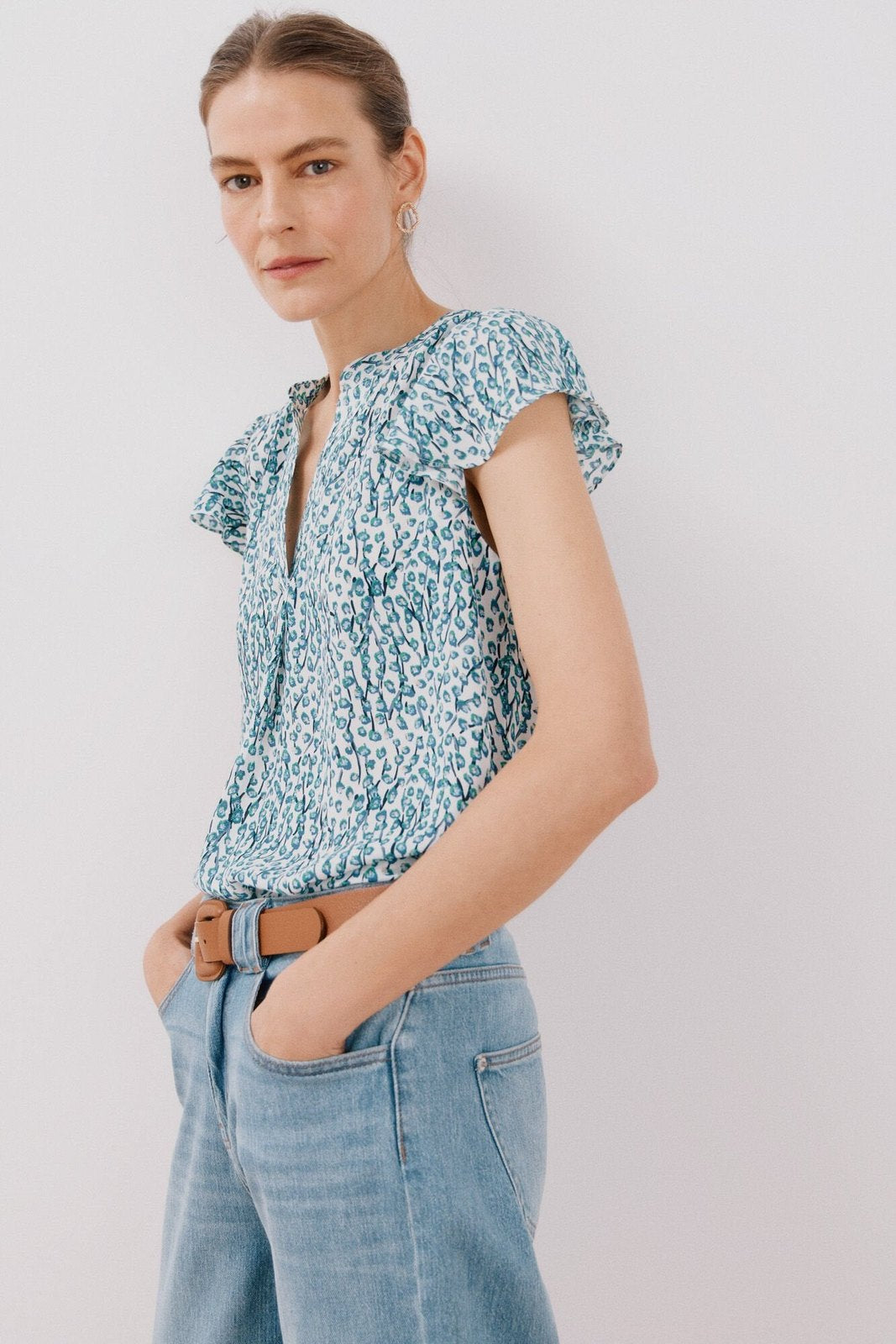 Cortefiel Ruffle sleeve blouse - White Print 1 Shaws Department Stores