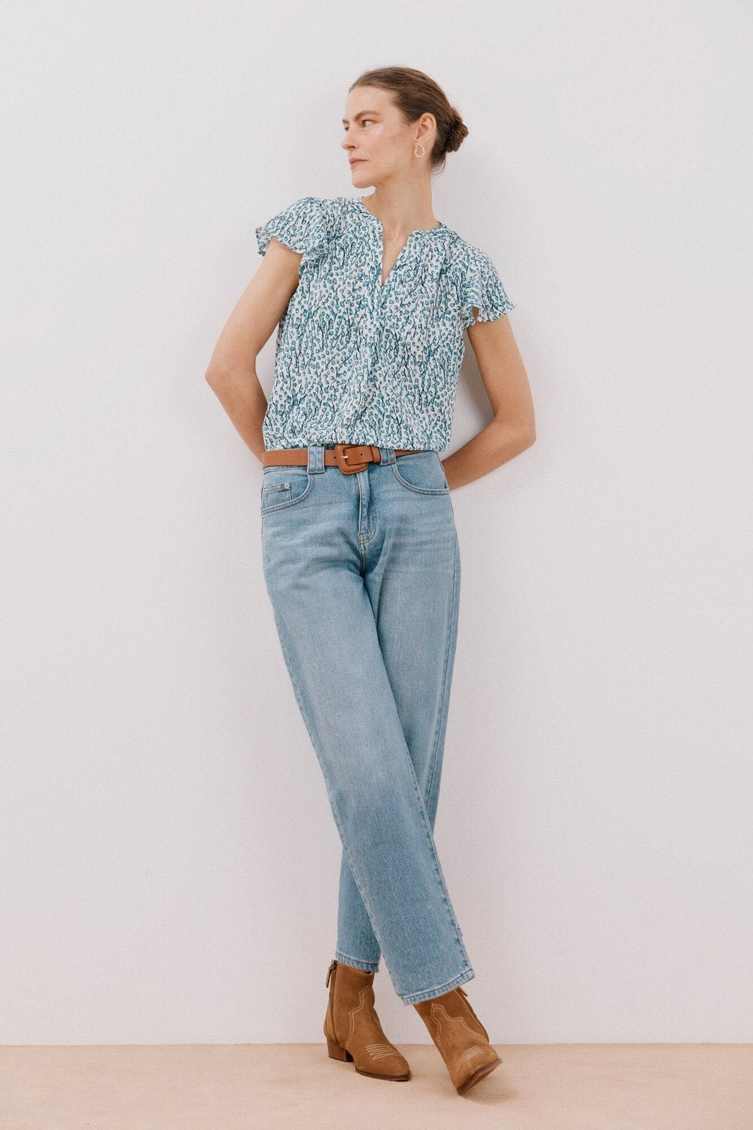 Cortefiel Ruffle sleeve blouse - White Print 5 Shaws Department Stores