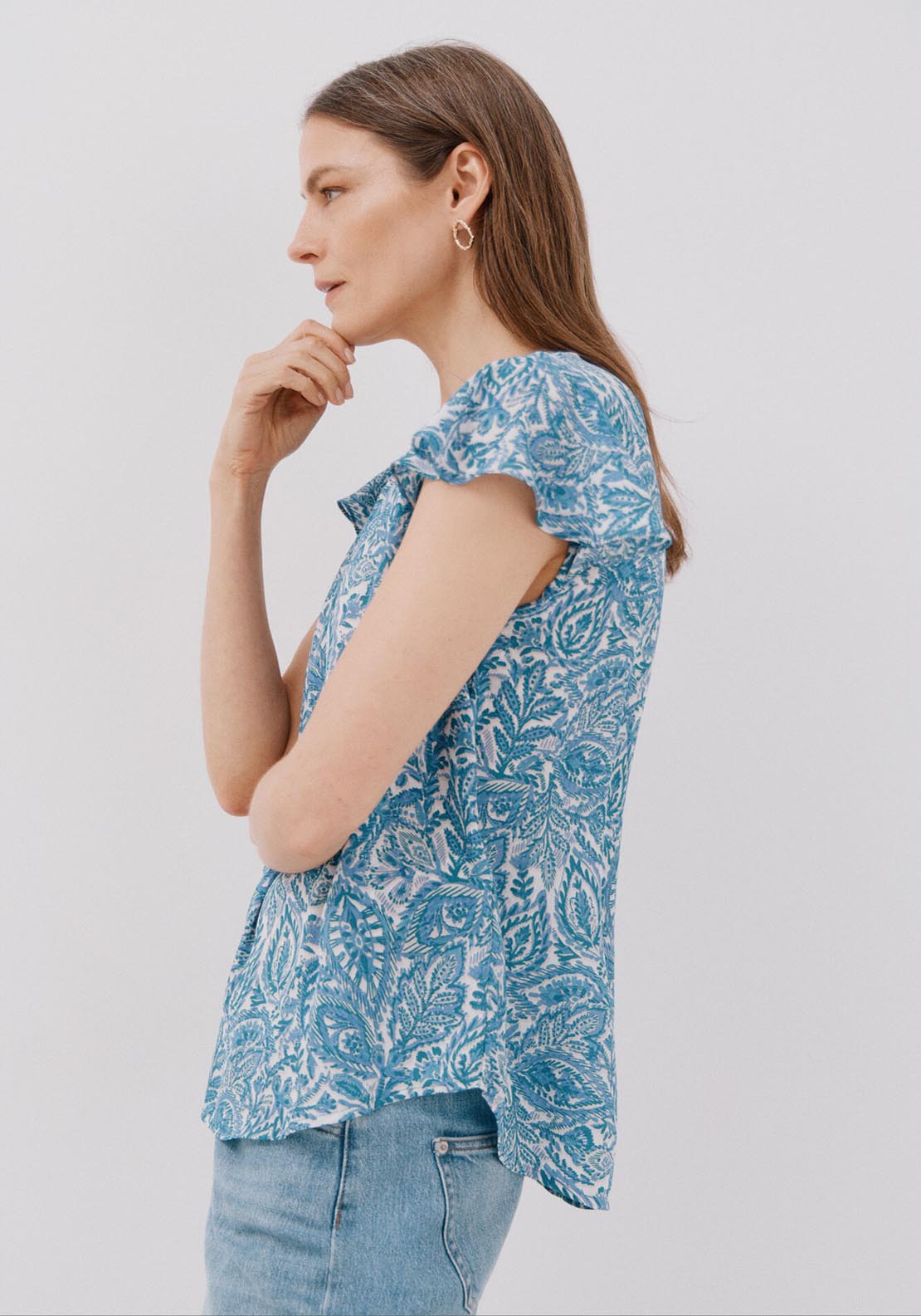Cortefiel Ruffle Sleeve Blouse - Blue 4 Shaws Department Stores