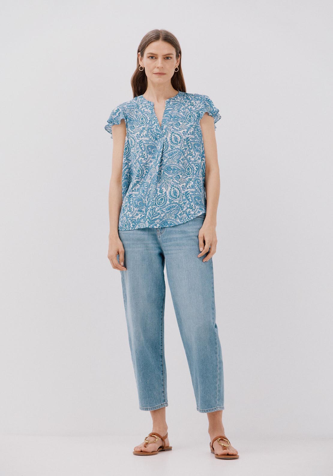 Cortefiel Ruffle Sleeve Blouse - Blue 6 Shaws Department Stores