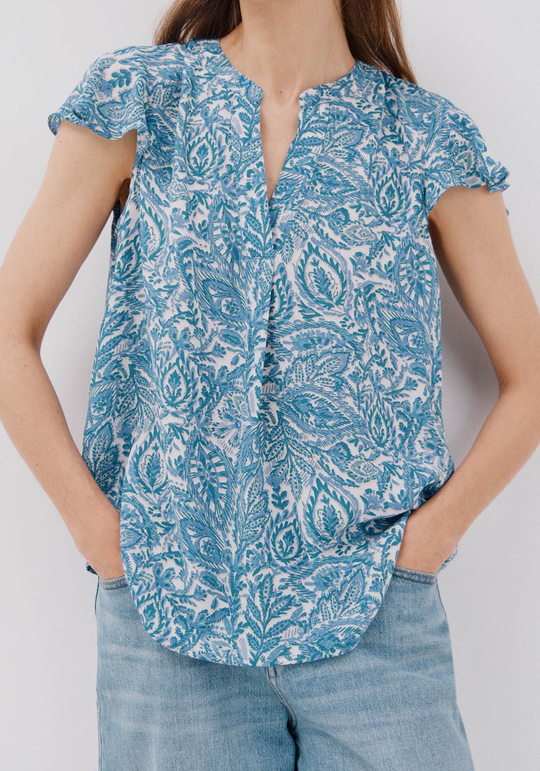 Cortefiel Ruffle Sleeve Blouse - Blue 2 Shaws Department Stores