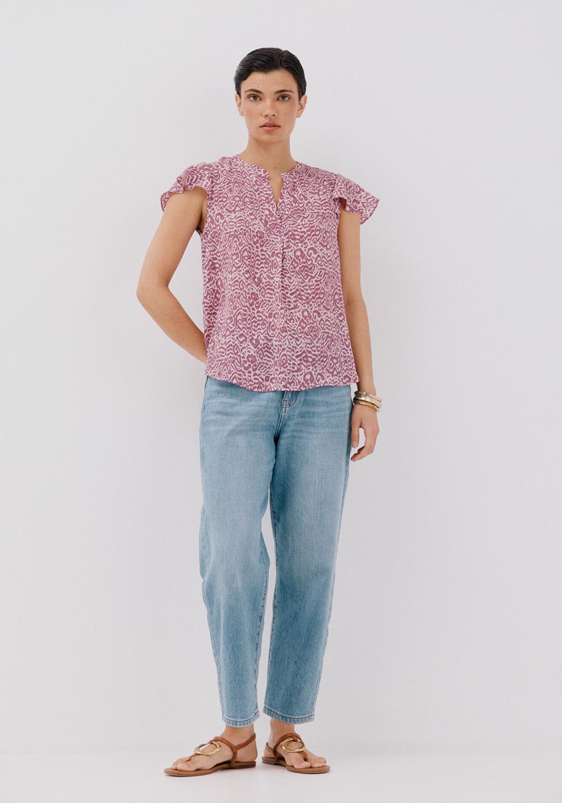 Cortefiel Ruffle Sleeve Blouse - Maroon Print 5 Shaws Department Stores