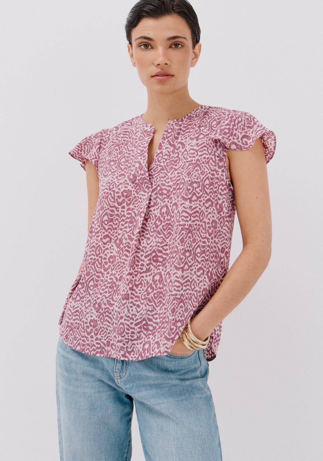 Cortefiel Ruffle Sleeve Blouse - Maroon Print 1 Shaws Department Stores