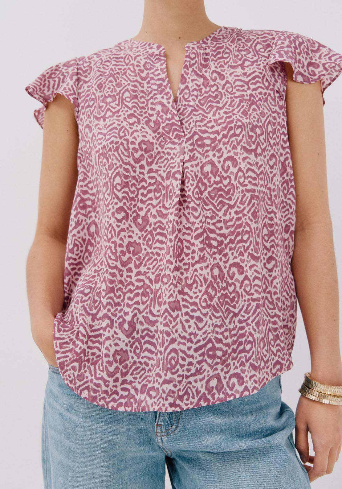 Cortefiel Ruffle Sleeve Blouse - Maroon Print 2 Shaws Department Stores