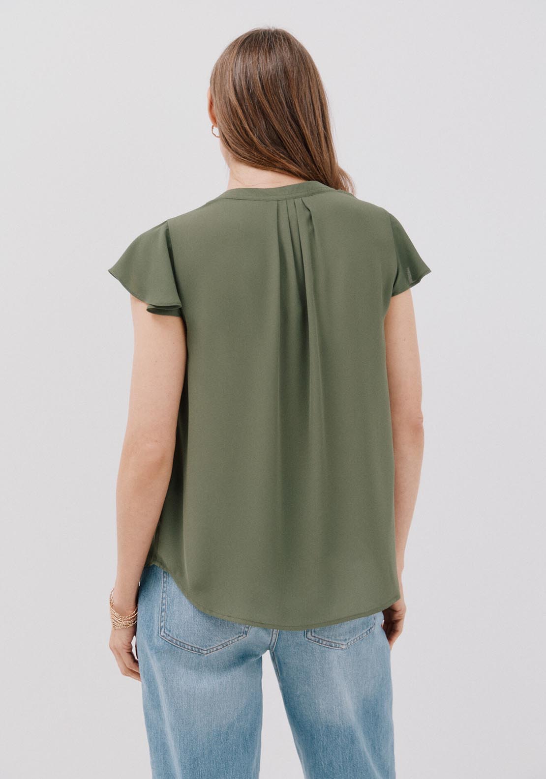 Cortefiel Ruffle Sleeve Blouse - Light Khaki 3 Shaws Department Stores