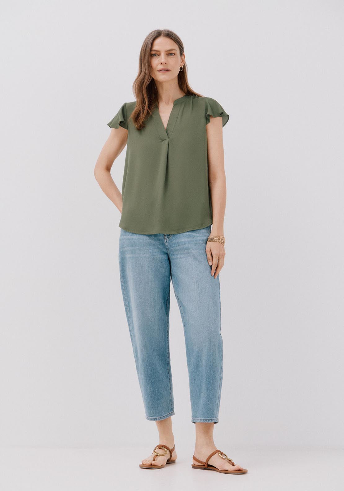 Cortefiel Ruffle Sleeve Blouse - Light Khaki 4 Shaws Department Stores