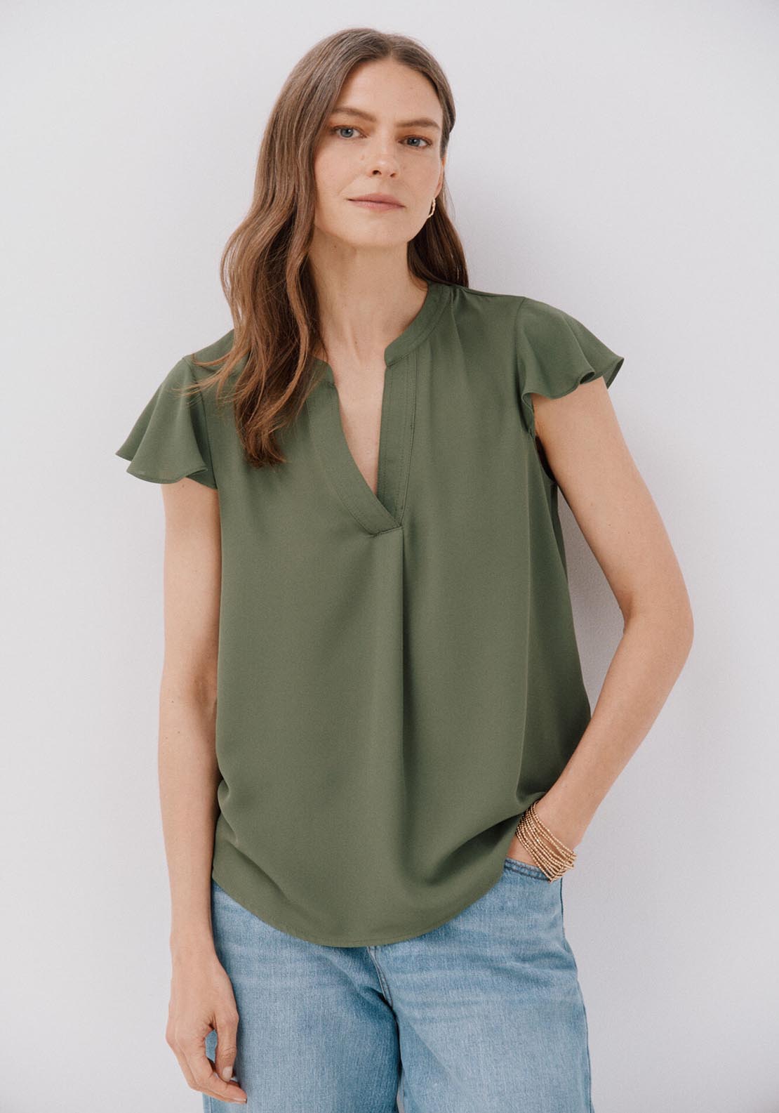 Cortefiel Ruffle Sleeve Blouse - Light Khaki 1 Shaws Department Stores