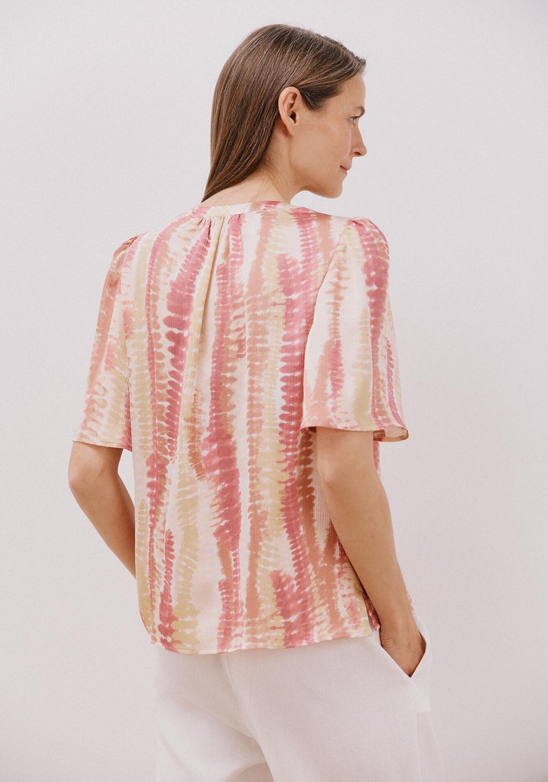 Cortefiel Flared Sleeve Blouse - Yellow Print 2 Shaws Department Stores