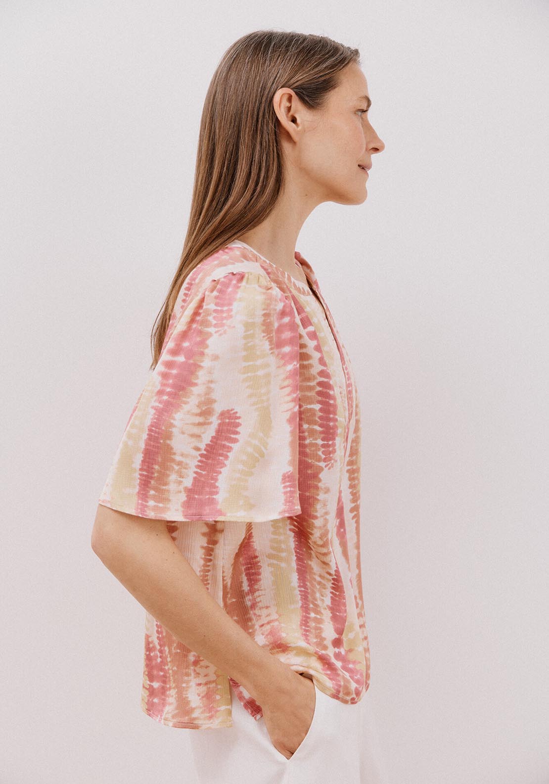 Cortefiel Flared Sleeve Blouse - Yellow Print 3 Shaws Department Stores
