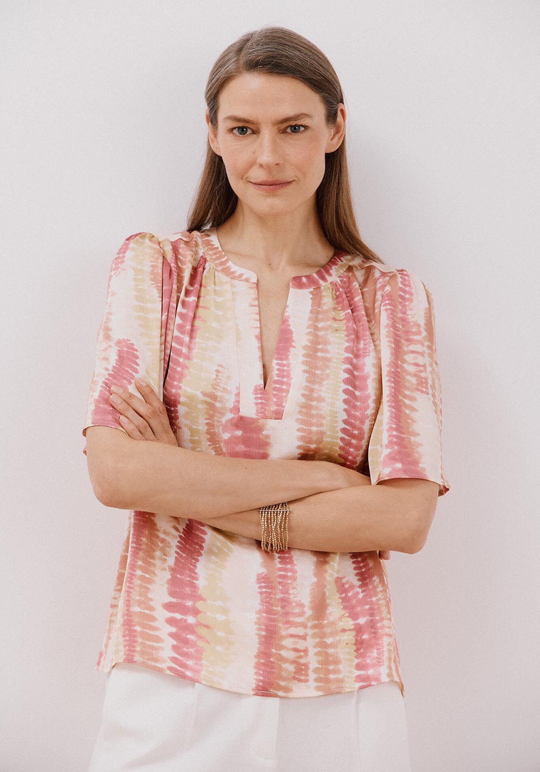 Cortefiel Flared Sleeve Blouse - Yellow Print 1 Shaws Department Stores
