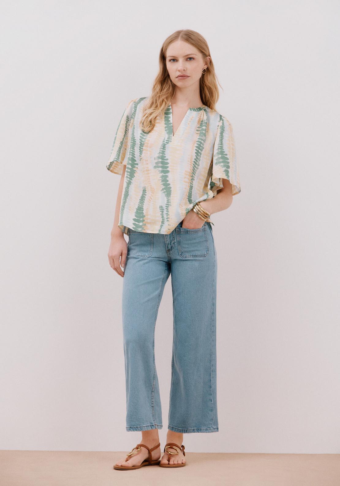 Cortefiel Flared Sleeve Blouse - Green Print 3 Shaws Department Stores