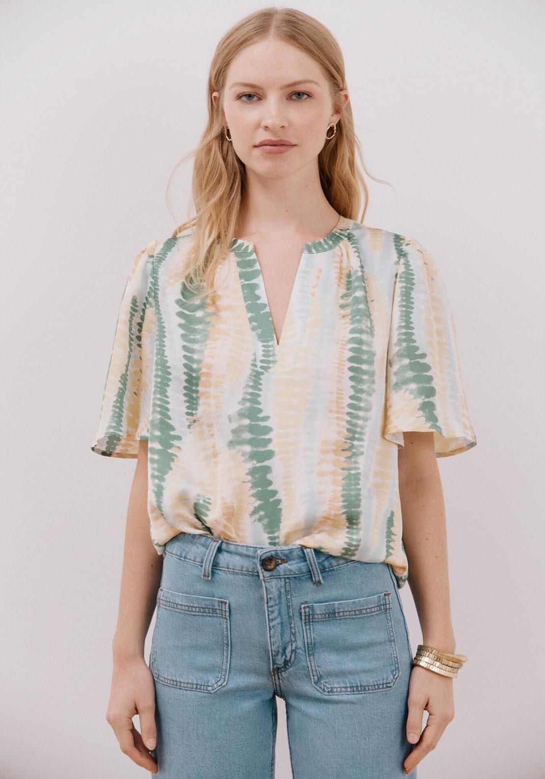 Cortefiel Flared Sleeve Blouse - Green Print 1 Shaws Department Stores