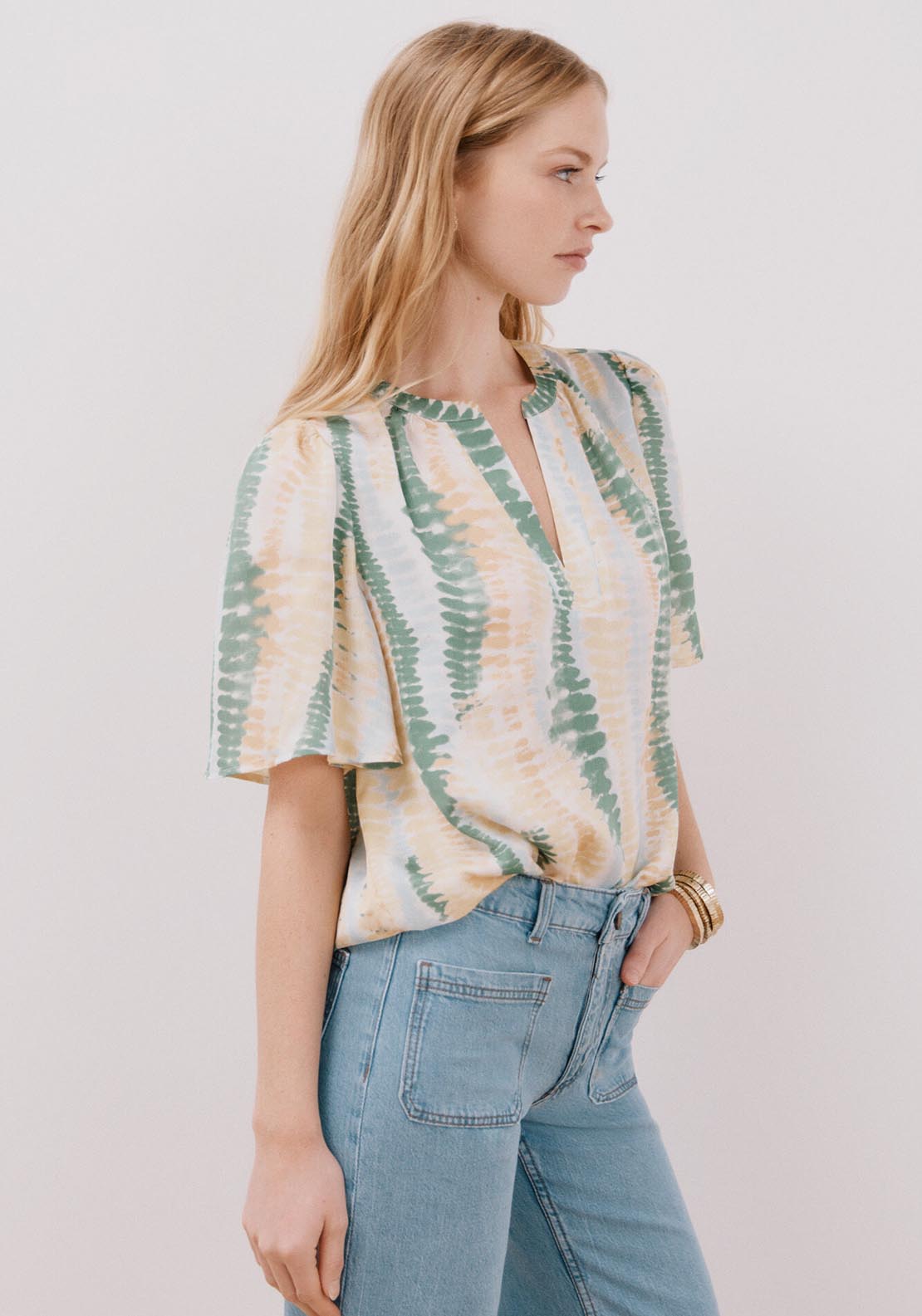 Cortefiel Flared Sleeve Blouse - Green Print 4 Shaws Department Stores